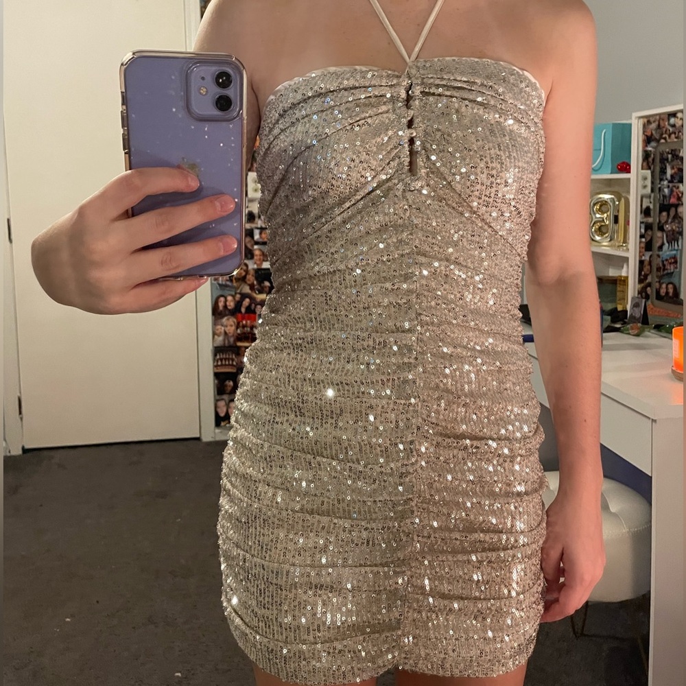DO+BE mini sequined ruched dress, a gold/tan dress. Bought at a boutique
